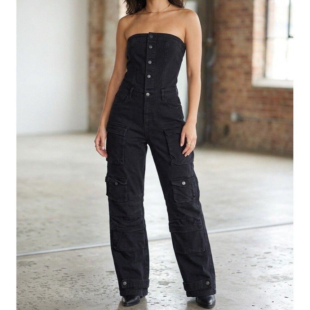 Daisy Black Denim Cargo Jumpsuit Strapless Y2K Streetwear Tube Pants Women SizeM